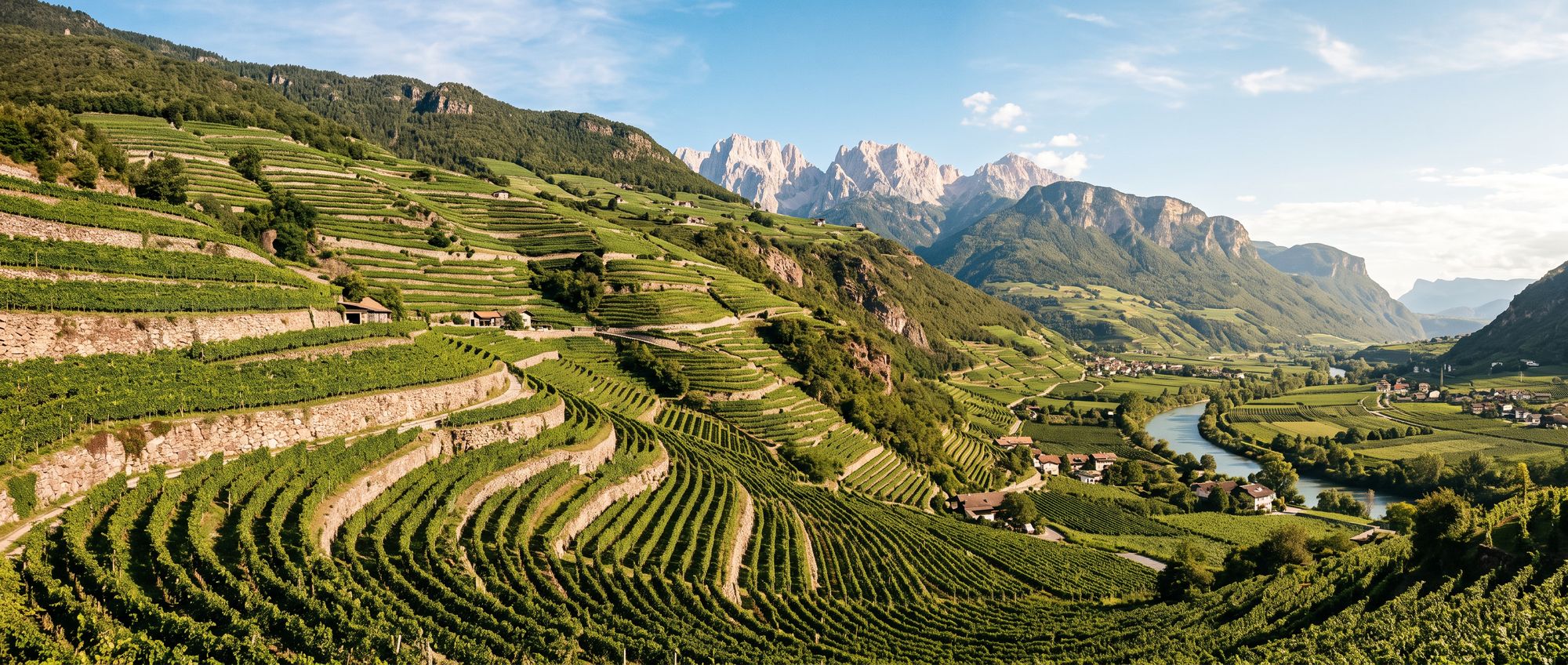 Terraced vineyards of Alto Adige climbing toward the Dolomites